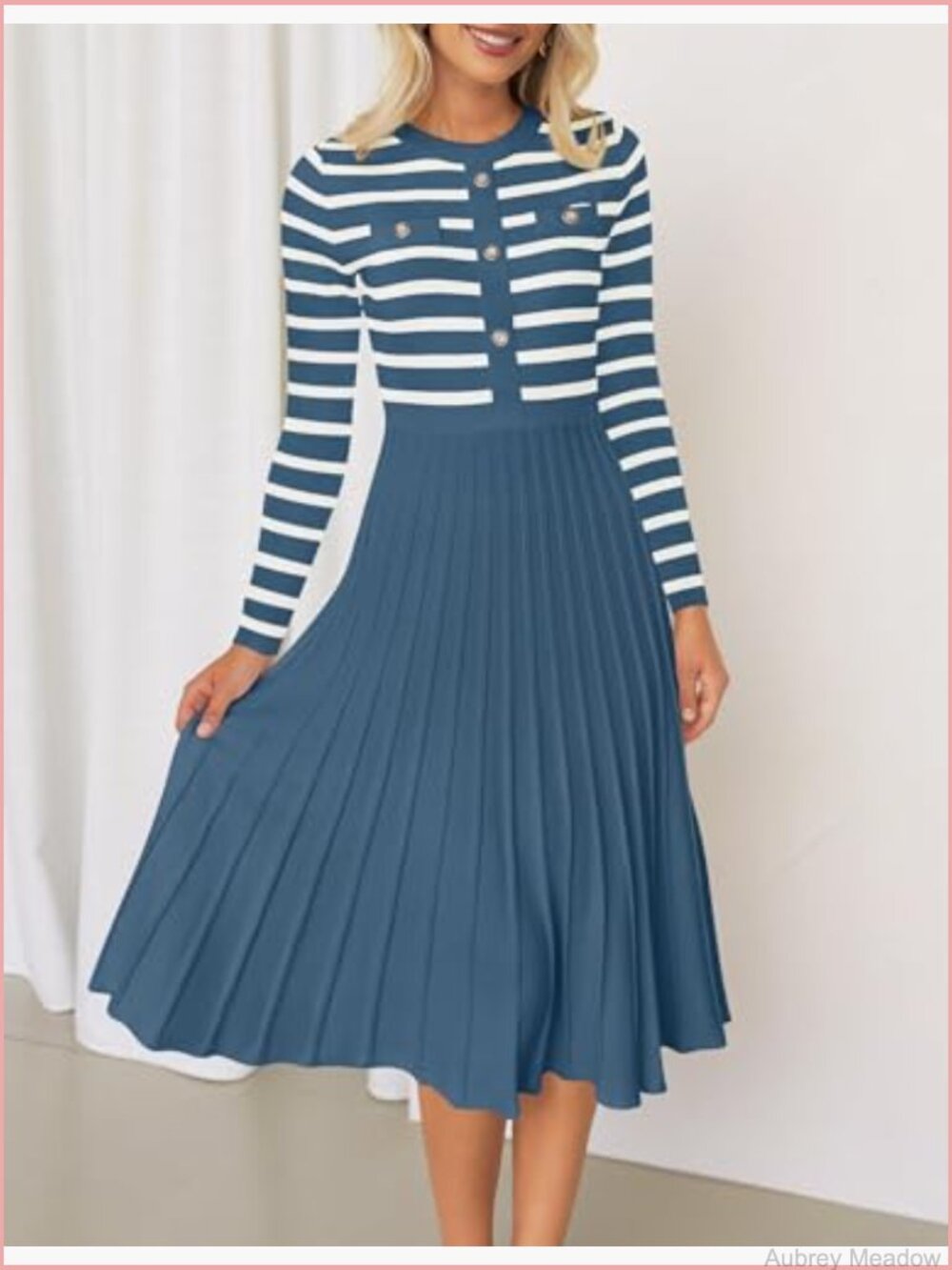 Long Sleeve Striped Knit Pleated A-Line Swing Midi Dress - Picture 3 of 7